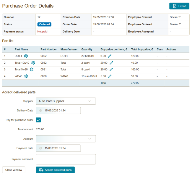Purchase order management for automotive repair parts procurement