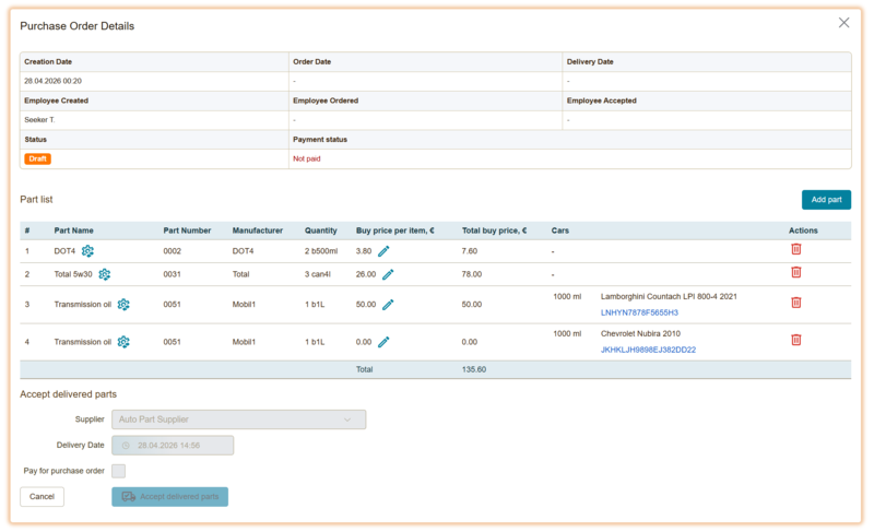 Software for car repair workshop, purchase order details