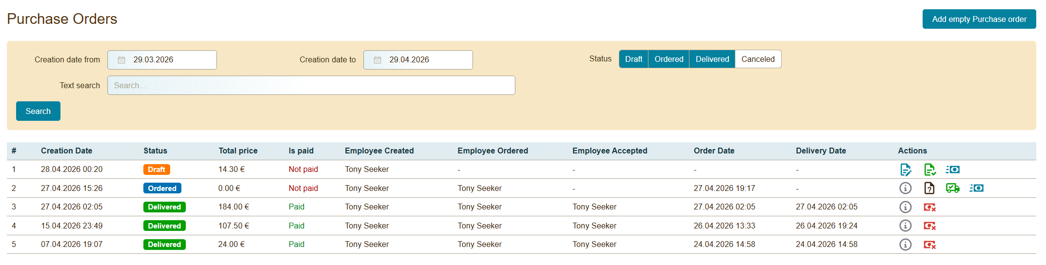 Software for car repair workshop, purchase order statuses