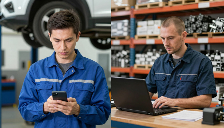 Software for car repair workshop, technician on a mobile device and a warehouse manager at a workstation