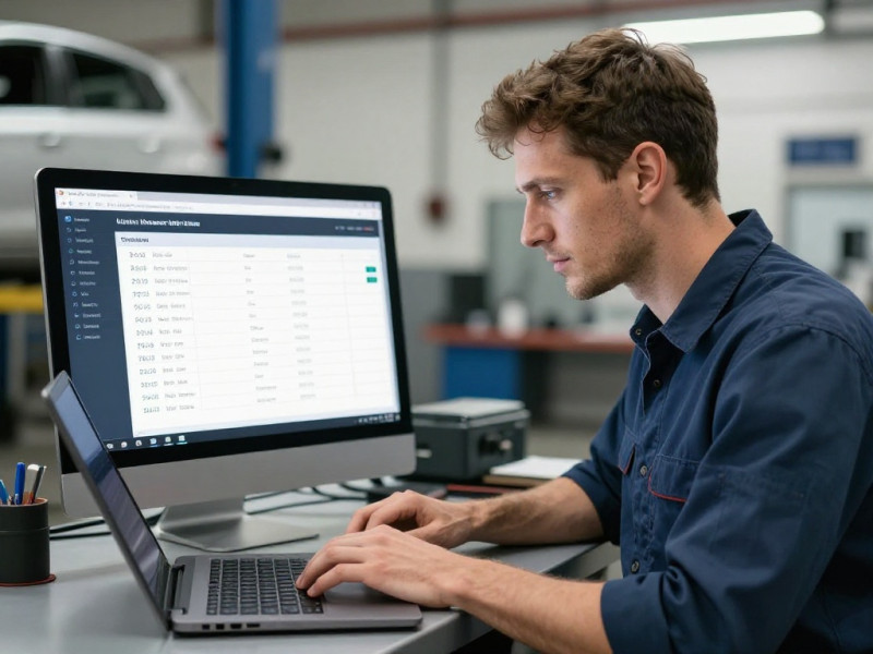 Automotive workshop management software dashboard, task time tracking